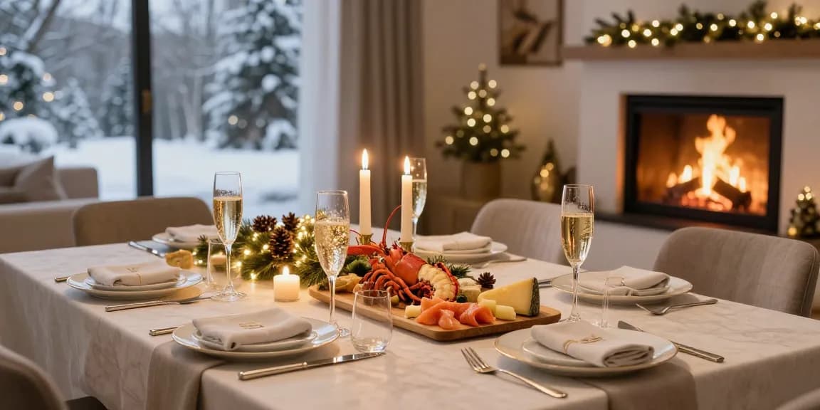 Eleganta nyårsmeny-rätter på ett festligt dukat bord i en modern matsal.