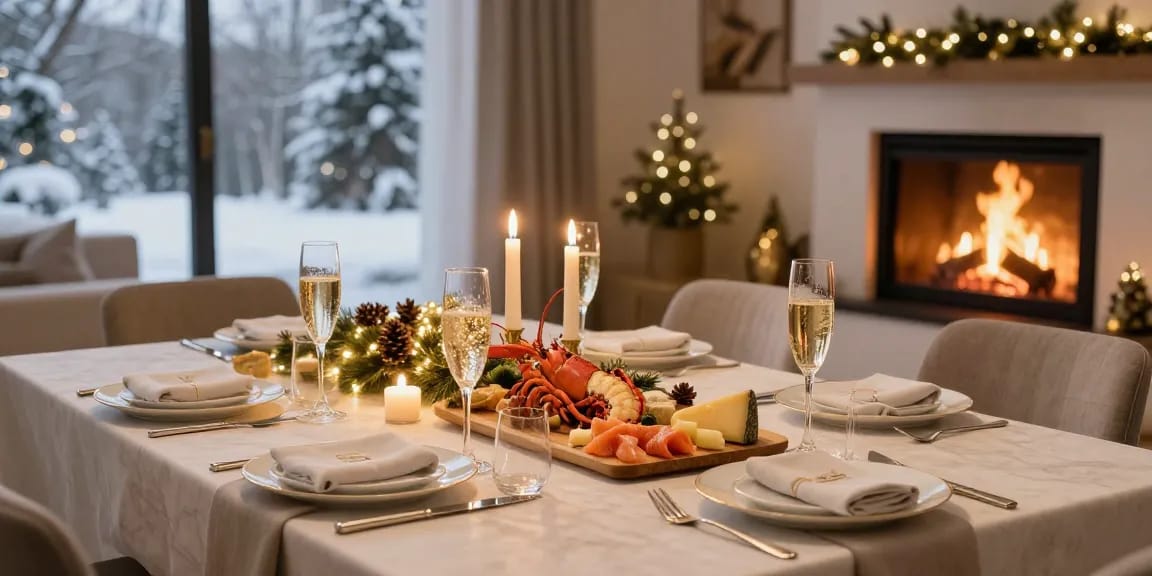 Eleganta nyårsmeny-rätter på ett festligt dukat bord i en modern matsal.
