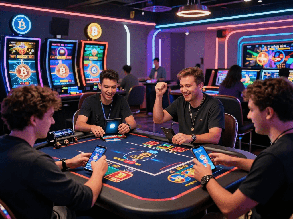 Excited players enjoying the vibrant atmosphere of a crypto casino, integrating digital gaming with cryptocurrency technology.