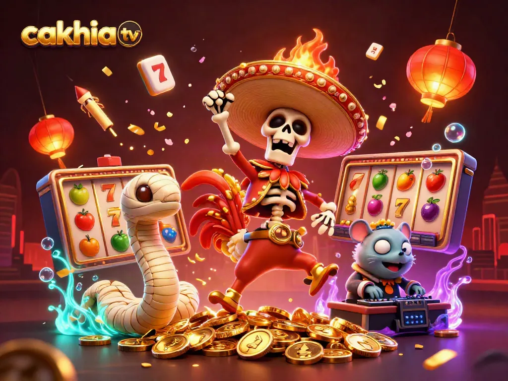 Cakhia TV showcasing a vibrant celebration with a mariachi rooster, mummy snake, and DJ hamster amidst rich casino imagery.