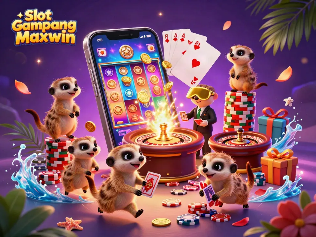 Engage in exciting gameplay with Slot Gampang Maxwin, featuring meerkats in a dynamic casino scene.