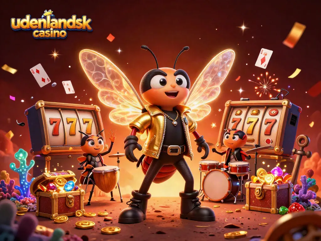 Engage with the vibrant world of udenlandsk casino through a dynamic 3D scene featuring an electric cicada rock star.