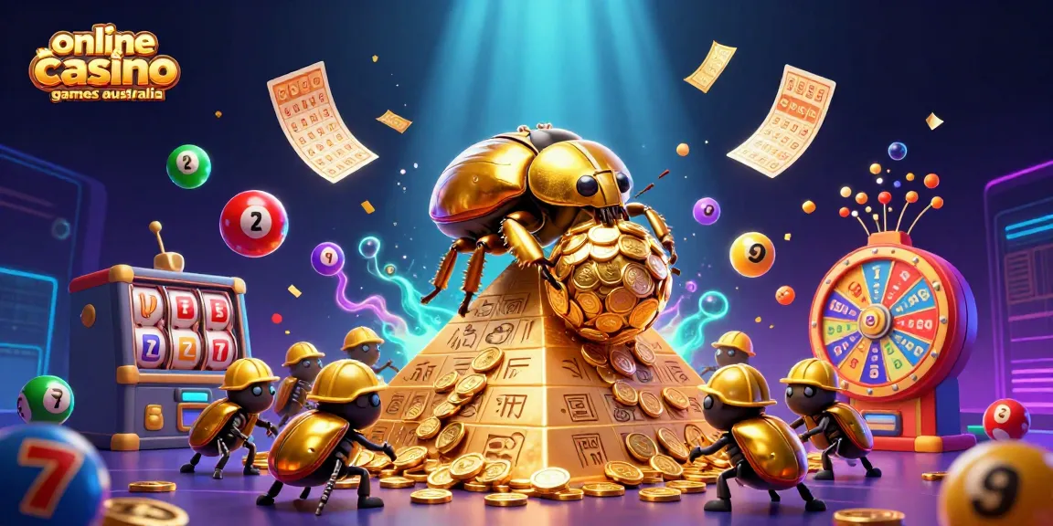 Engage in online casino games Australia as a golden beetle rolls a dynamic jackpot of coins.