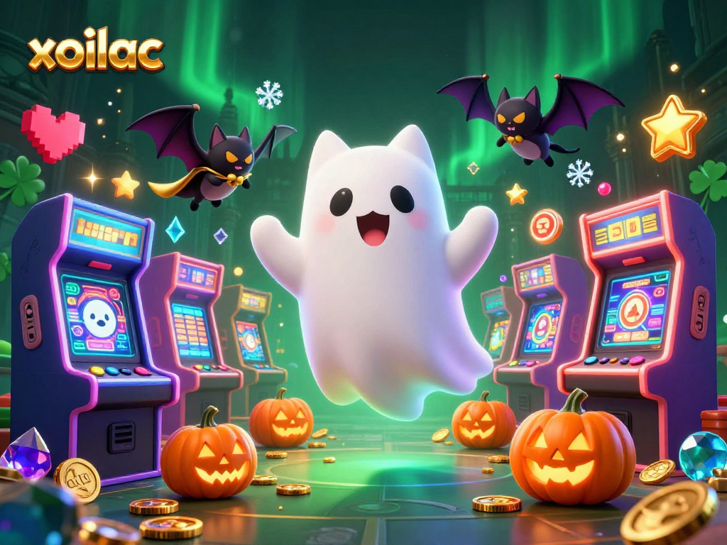 Experience the thrill of xoilac with a ghost cat and vampire bat in a haunted casino.