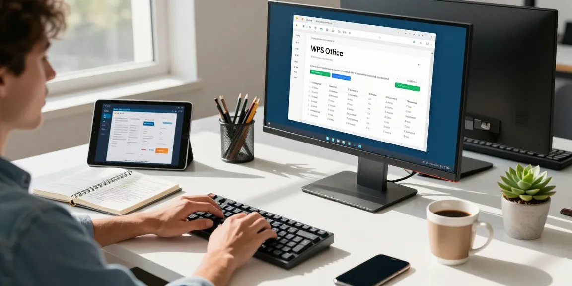 WPS Download screen on a large monitor in a bright professional workspace with productivity tools.