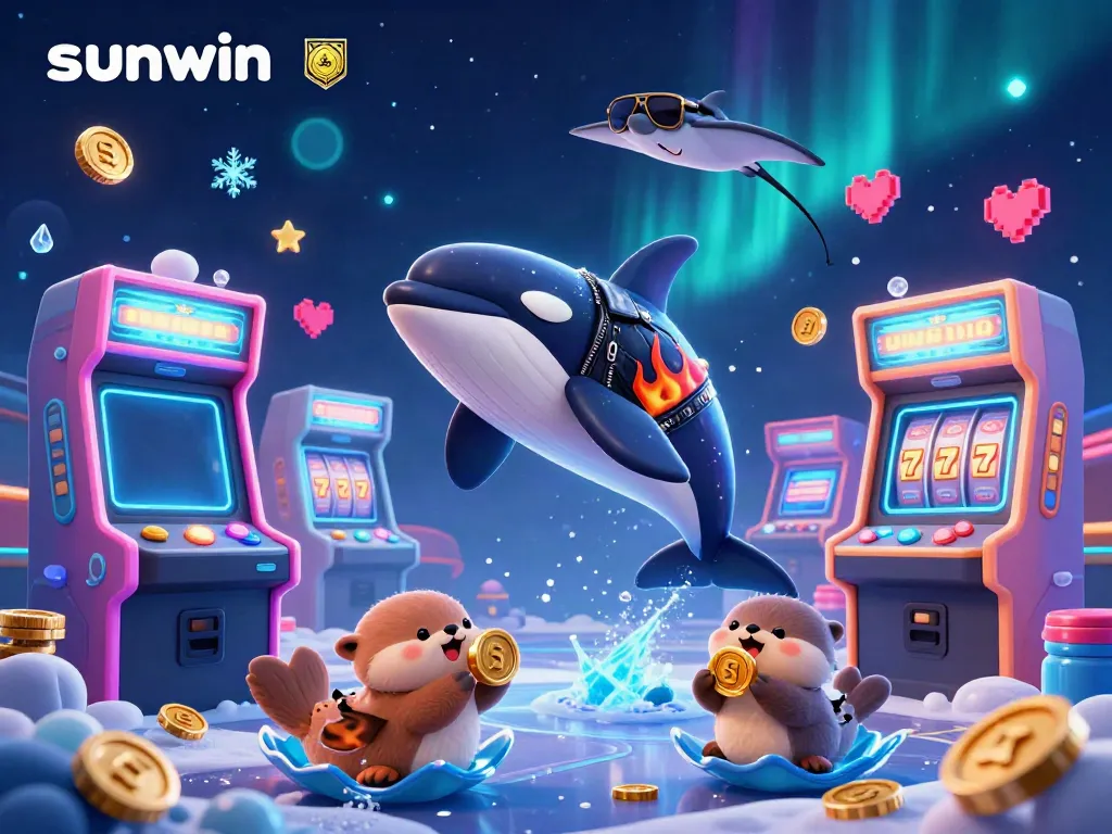 Experience the thrill at sunwin with vibrant characters winning golden coins in an arcade casino scene.