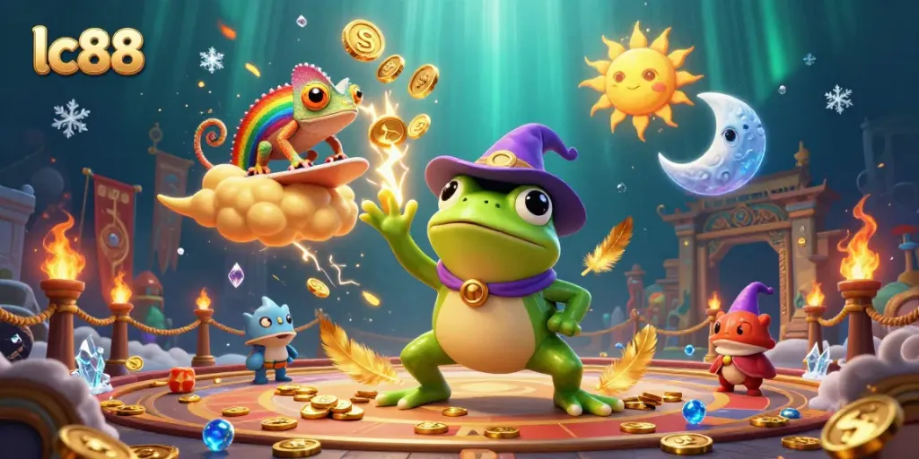 Experience the thrill of lc88 with a magical storm of gold coins in a vibrant casino scene.