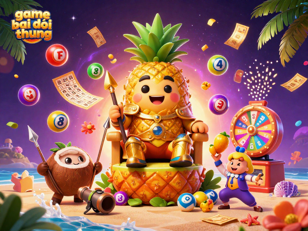 Experience the vibrant world of game bai doi thuong with a golden pineapple king and dynamic casino elements.