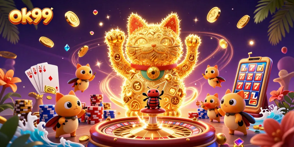Experience exciting entertainment at ok99 with a dynamic illustration showcasing a giant lucky cat surrounded by casino symbols and golden coins.