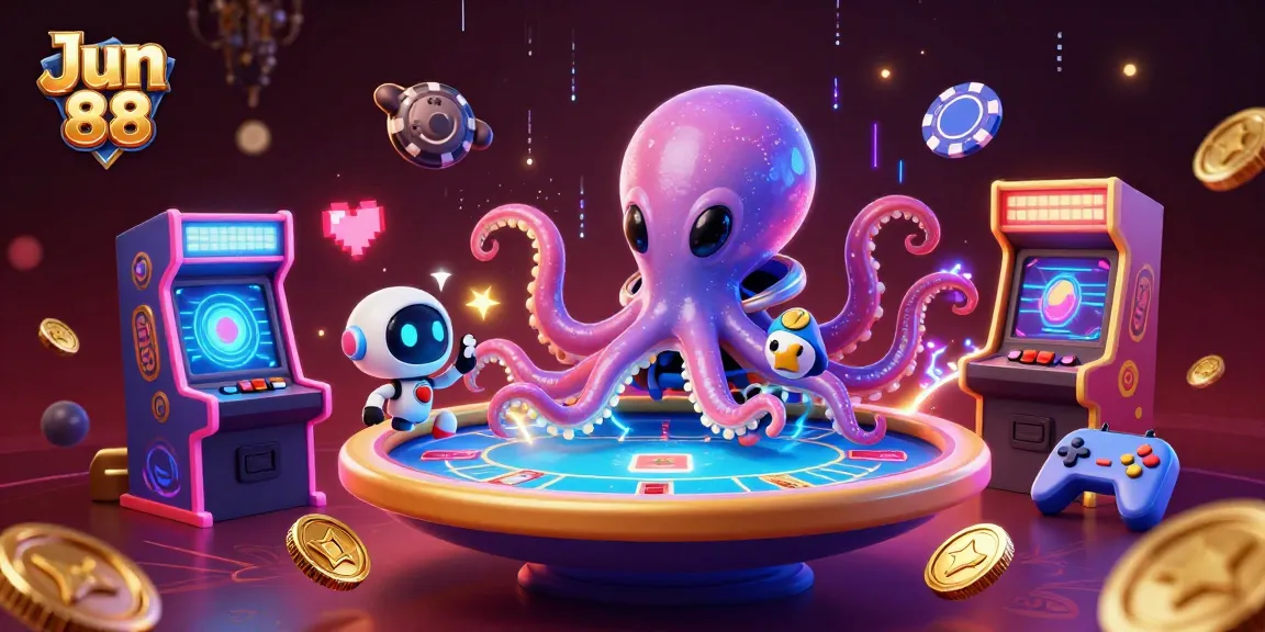 Engage in thrilling gaming experiences at Jun 88, featuring an alien octopus at a holographic table.