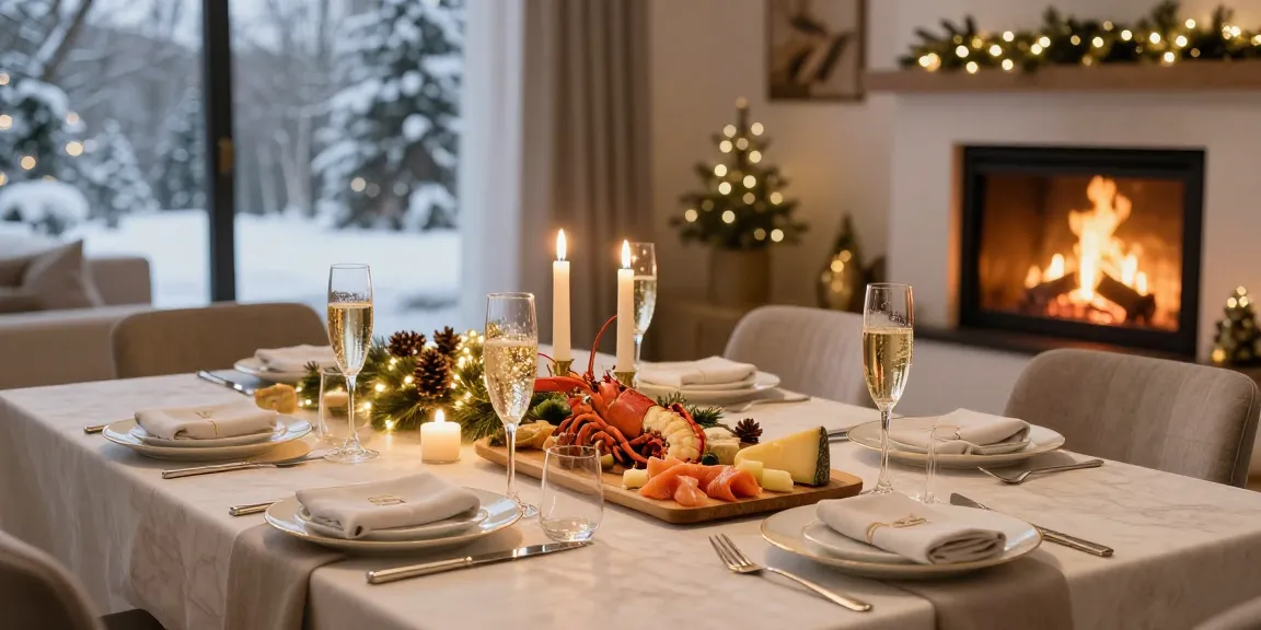 Eleganta nyårsmeny-rätter på ett festligt dukat bord i en modern matsal.