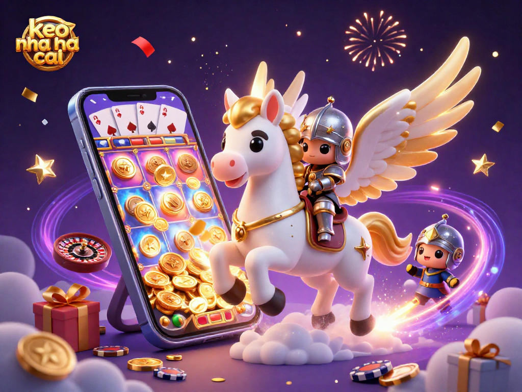 Engage with the thrilling world of keo nha cai as a celestial knight rides a magical horse amid casino games.