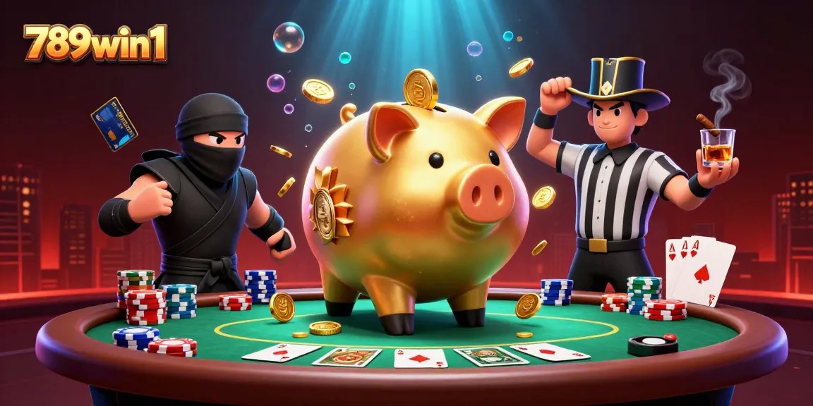 Engaging scene with 789win1 features a golden piggy bank sumo wrestler amidst vibrant poker elements.