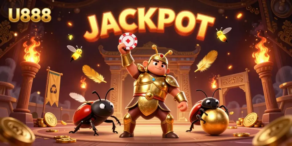 Experience the thrilling U888 gaming atmosphere with a victorious hercules beetle, golden poker chip, and vibrant jackpot fireflies.
