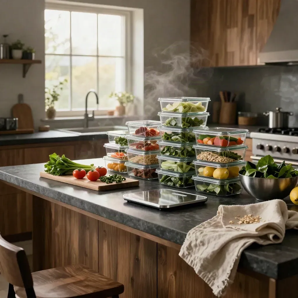 Premiumt svenskt kök med meal prep-lådor, grönsaker, citroner och våg i dramatiskt kvällsljus.