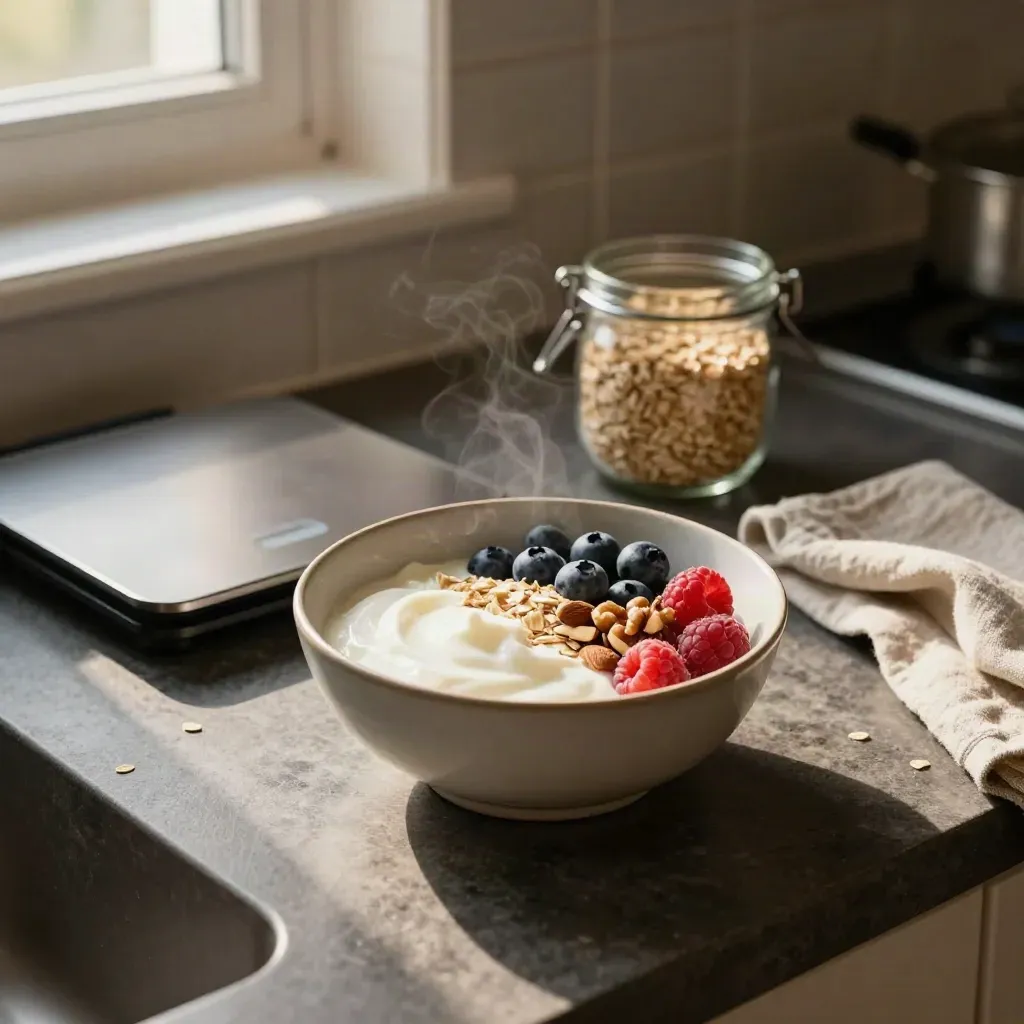 Yoghurtskål med havre, bär, nötter och köksvåg i varm köksmiljö.