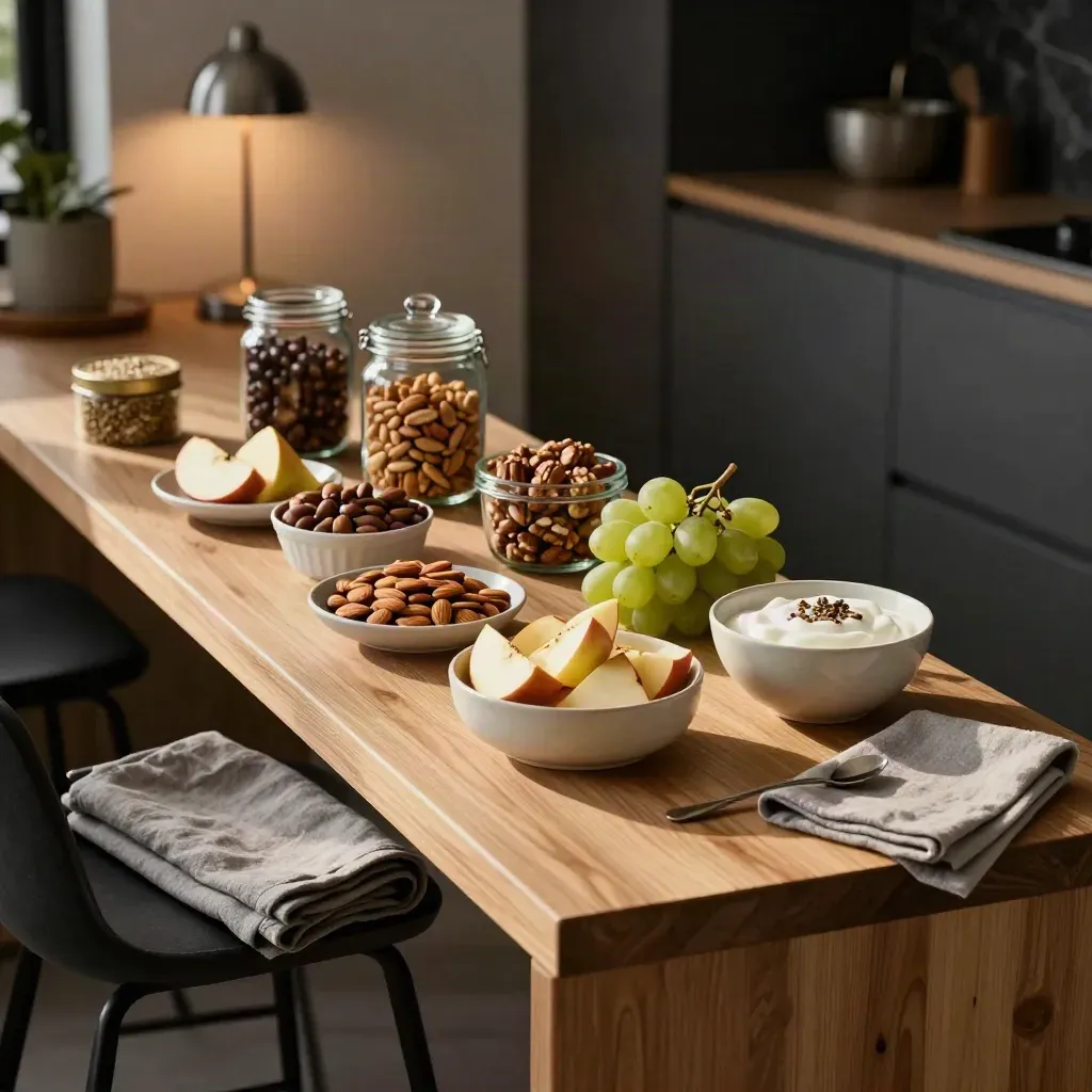 Kvällsbänk med färdiga mellanmål, frukt och nötburkar i ett lugnt mörkt kök.