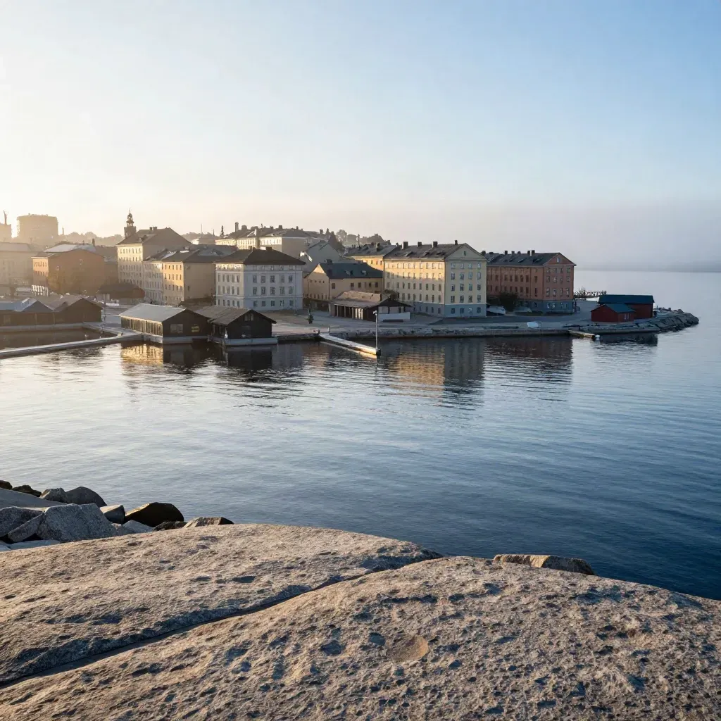 Stockholms skärgård i morgondimma med taksilhuett högt och lugnt vatten nedtill.