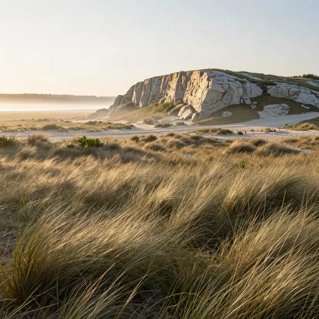 Skånskt kustlandskap med kalkstensrygg, strandäng och dimmig horisont i gyllene ljus.