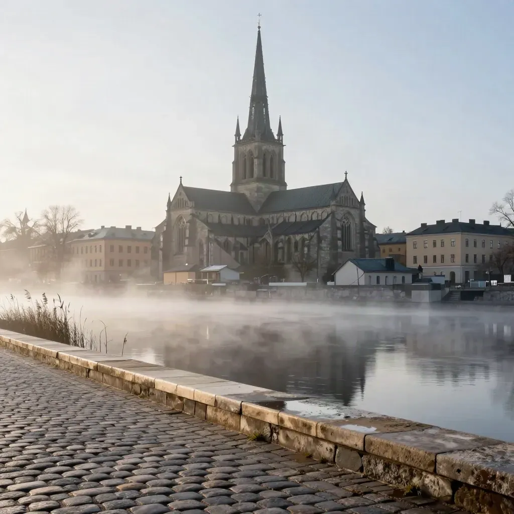 Uppsala domkyrka över Fyrisån i morgondis med ljusa stenkanter och lugnt vatten.