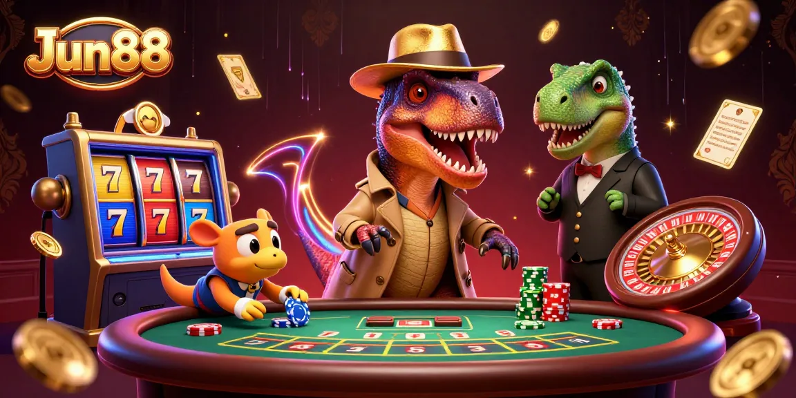 Experience thrilling gameplay at Jun88 with a velociraptor at a blackjack table amidst an action-packed casino environment.