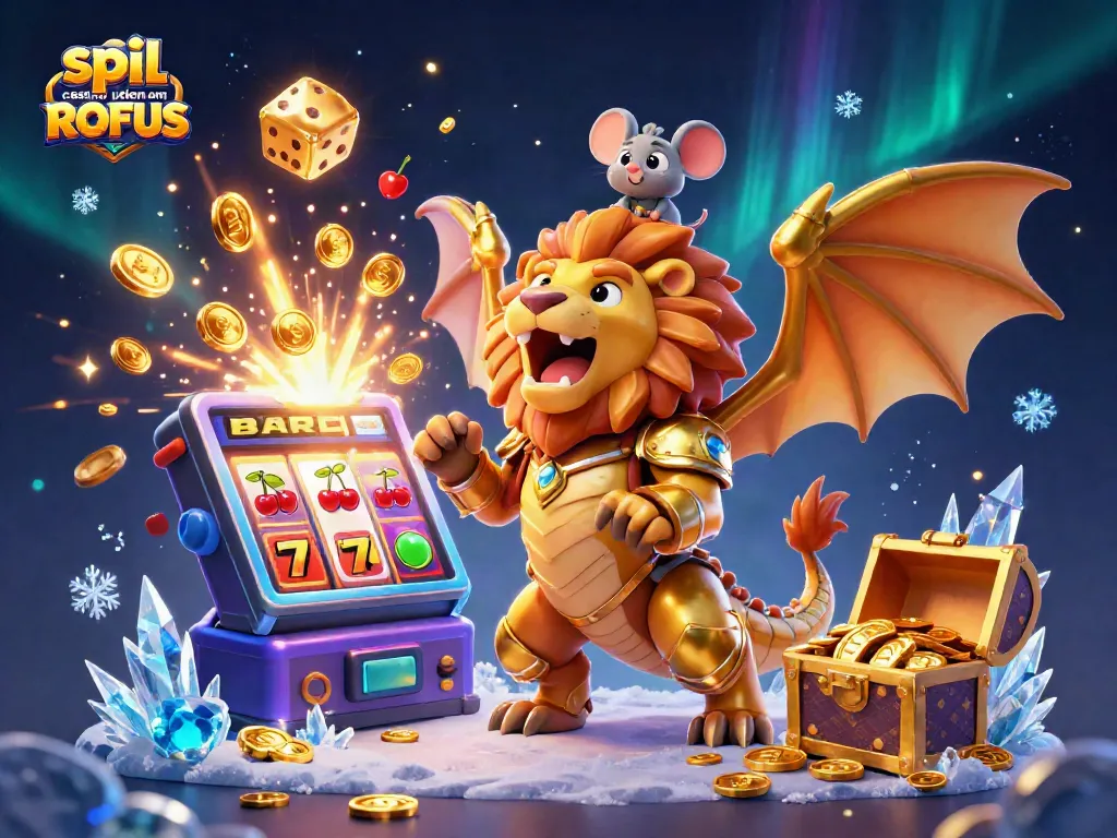 Engage in spil casino uden om ROFUS with a vibrant scene of a lion-headed chimera triumphing over jackpot explosions.