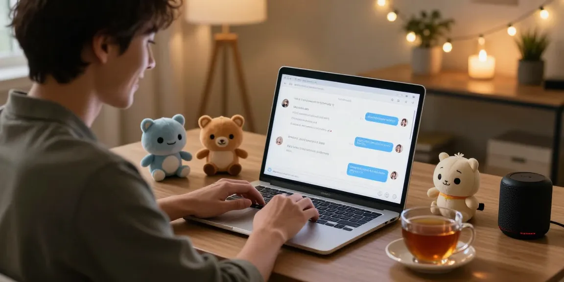 Engaging moment with girlfriend ai in cozy home office, depicting emotional connection.