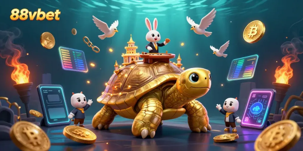 Experience the vibrant energy of 88vbet in this dynamic 3D casino scene featuring a golden tortoise and a rabbit dealer.