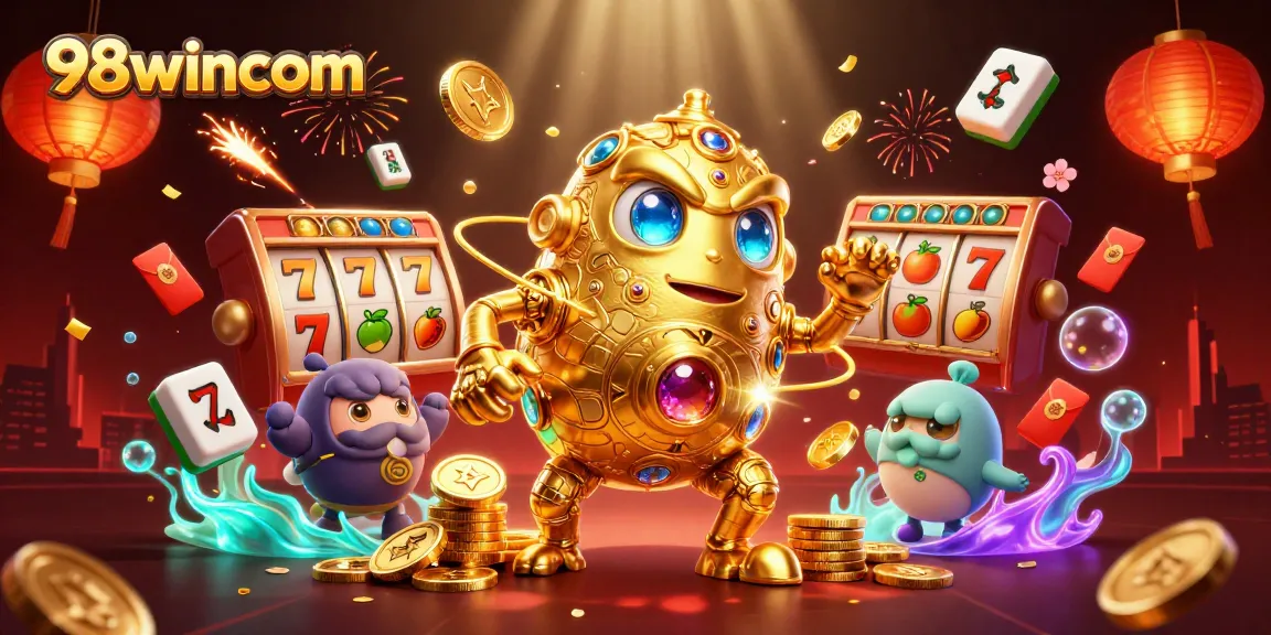 Engage in thrilling slot experiences with 98wincom, featuring a dazzling golden golem and vibrant casino elements.