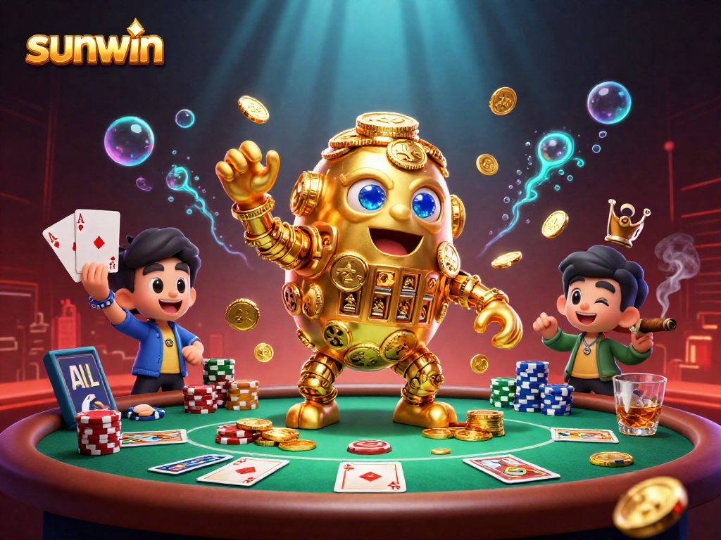 Experience exciting gameplay at sunwin with our animated golden golem and vibrant poker elements.