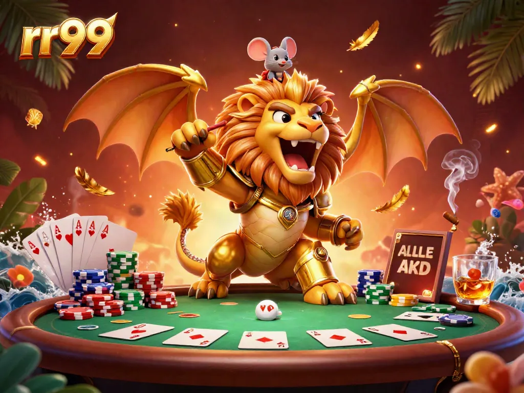 Experience thrilling gameplay with rr99's vibrant casino scene featuring a chimera and poker elements.
