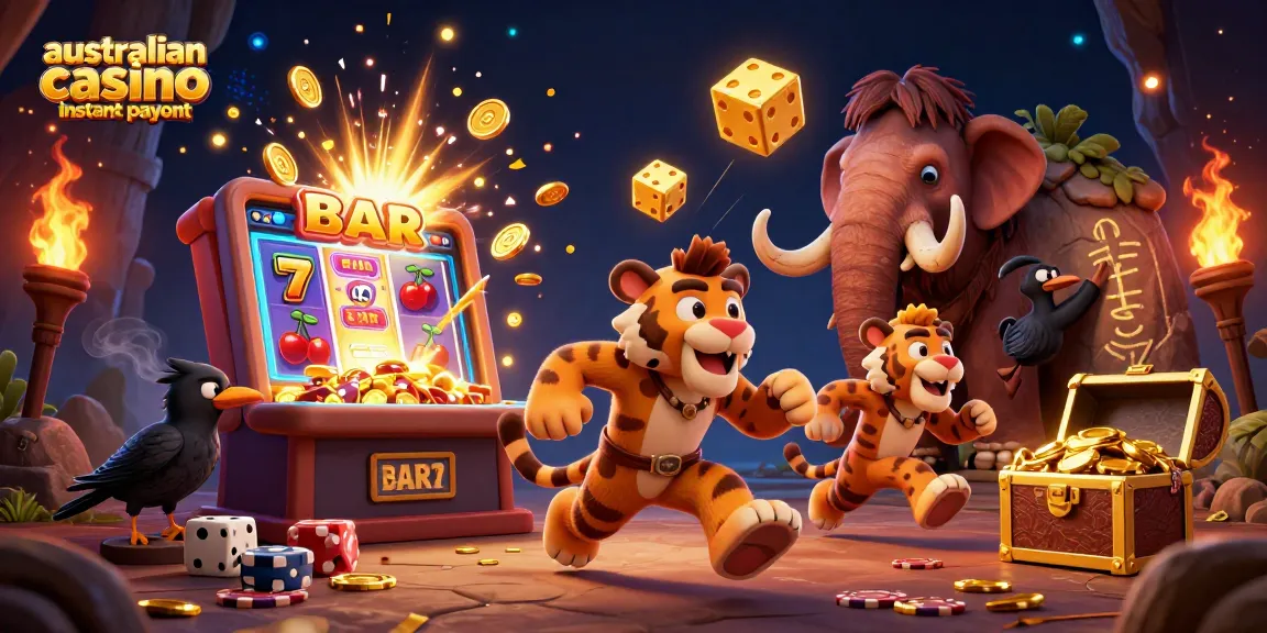 Experience australian casino instant payout features with prehistoric characters and vibrant slot machine action.