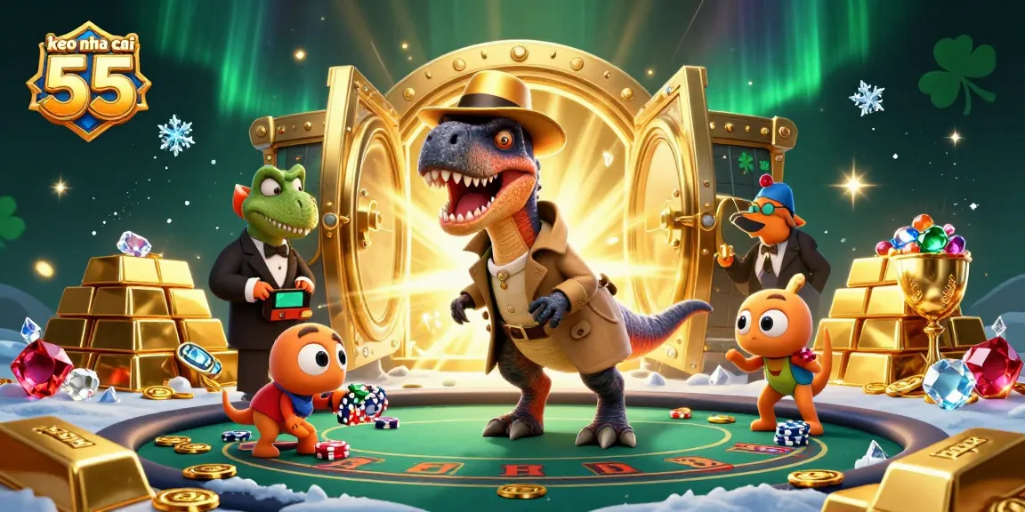 Engage with keo nha cai 55: A velociraptor card counter in a casino scene surrounded by treasure and animated characters.