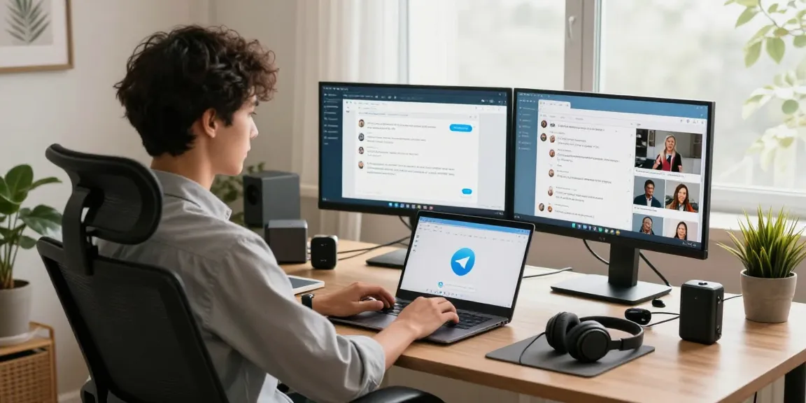 Professional using the Telegram web version on a stylish laptop in a bright home office.