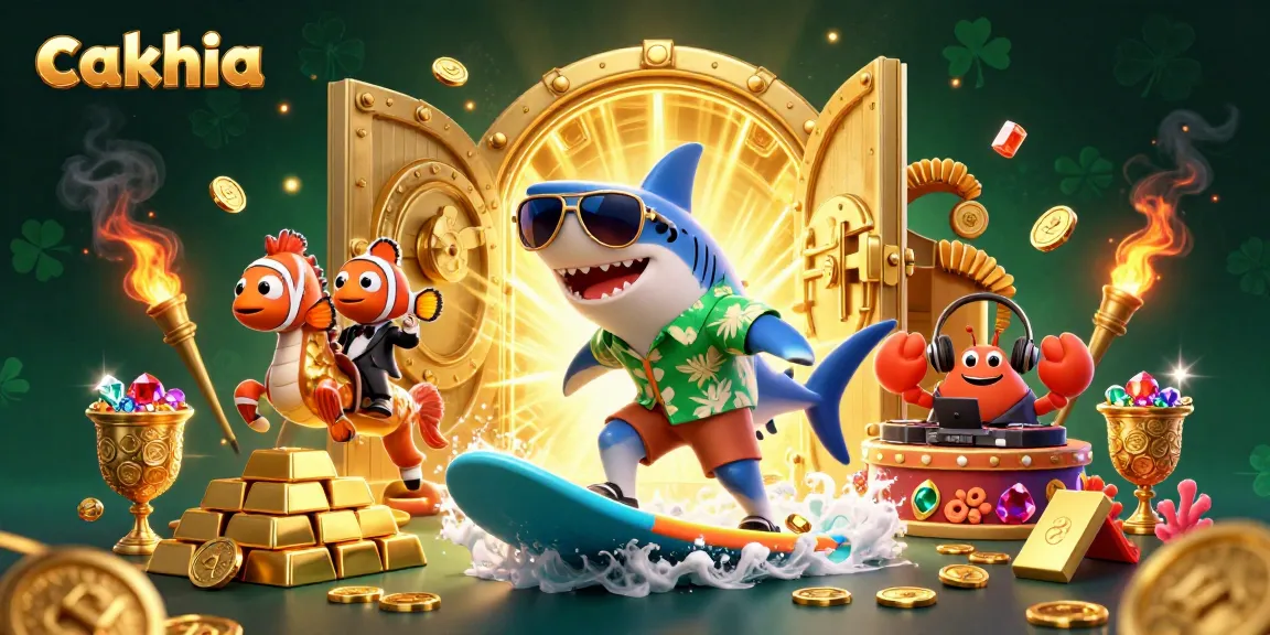 Cakhia showcases a vibrant surfing shark amidst casino treasures and dynamic elements, attracting excited bettors.