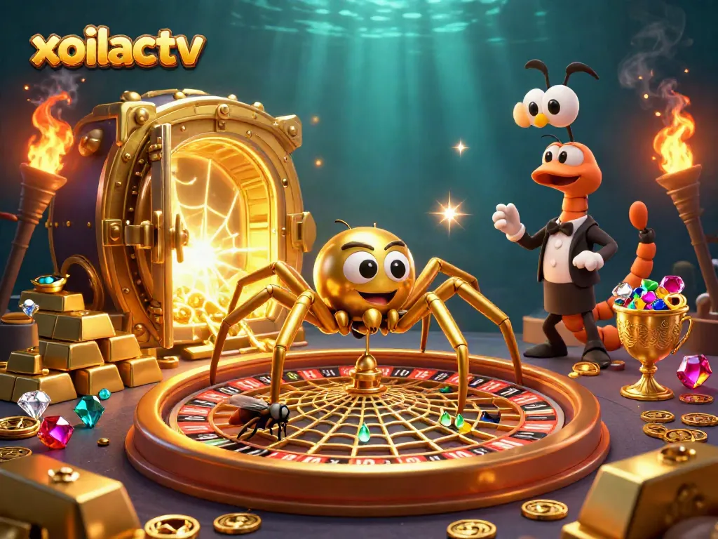 Place bets with xoilactv as a golden spider weaves a web of luck in a vibrant casino scene.